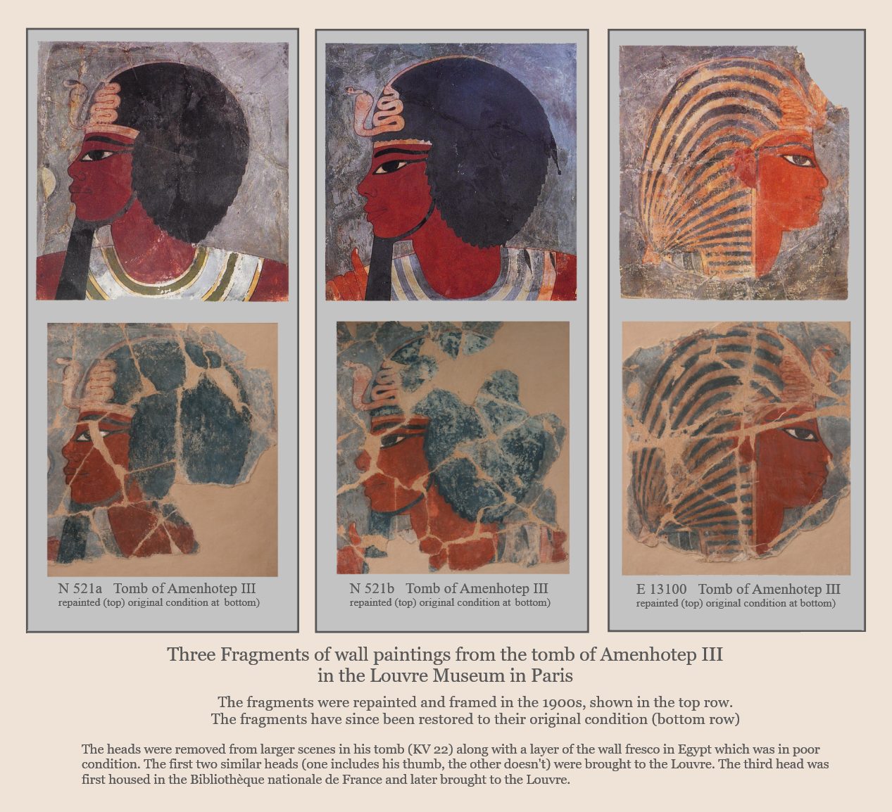 Three wall fragments, heads of Amenhotep III from his tomb in Egypt, Louvre Museum, Paris