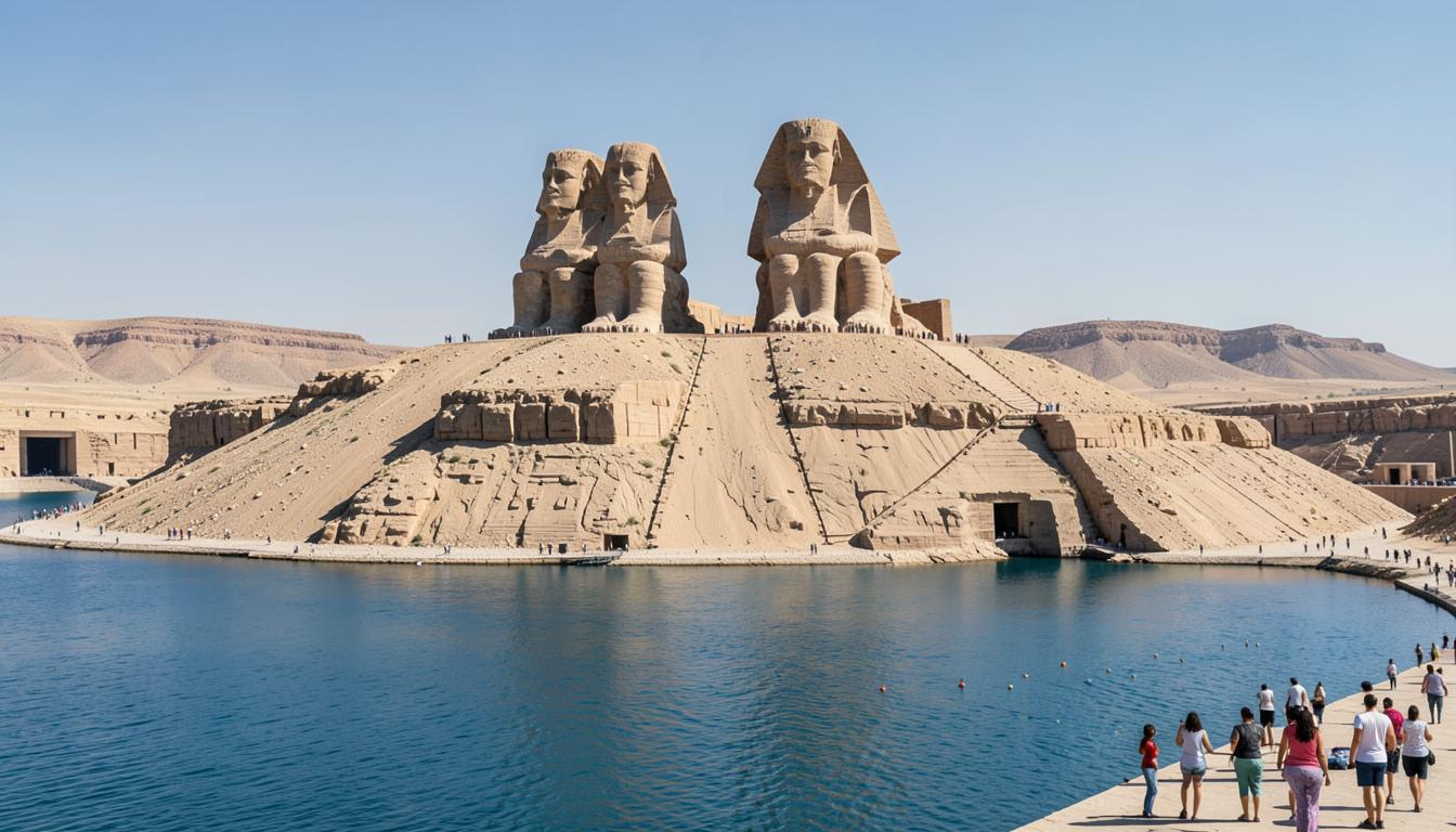 Abou Simbel aujourd'hui : monument remonté sur une colline artificielle au bord du lac Nasser.