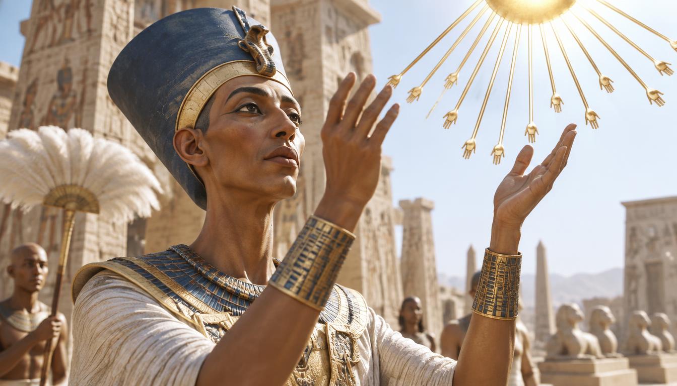 Akhenaton, couronne bleue, mains levées vers le disque d'Aton aux rayons terminés en mains.