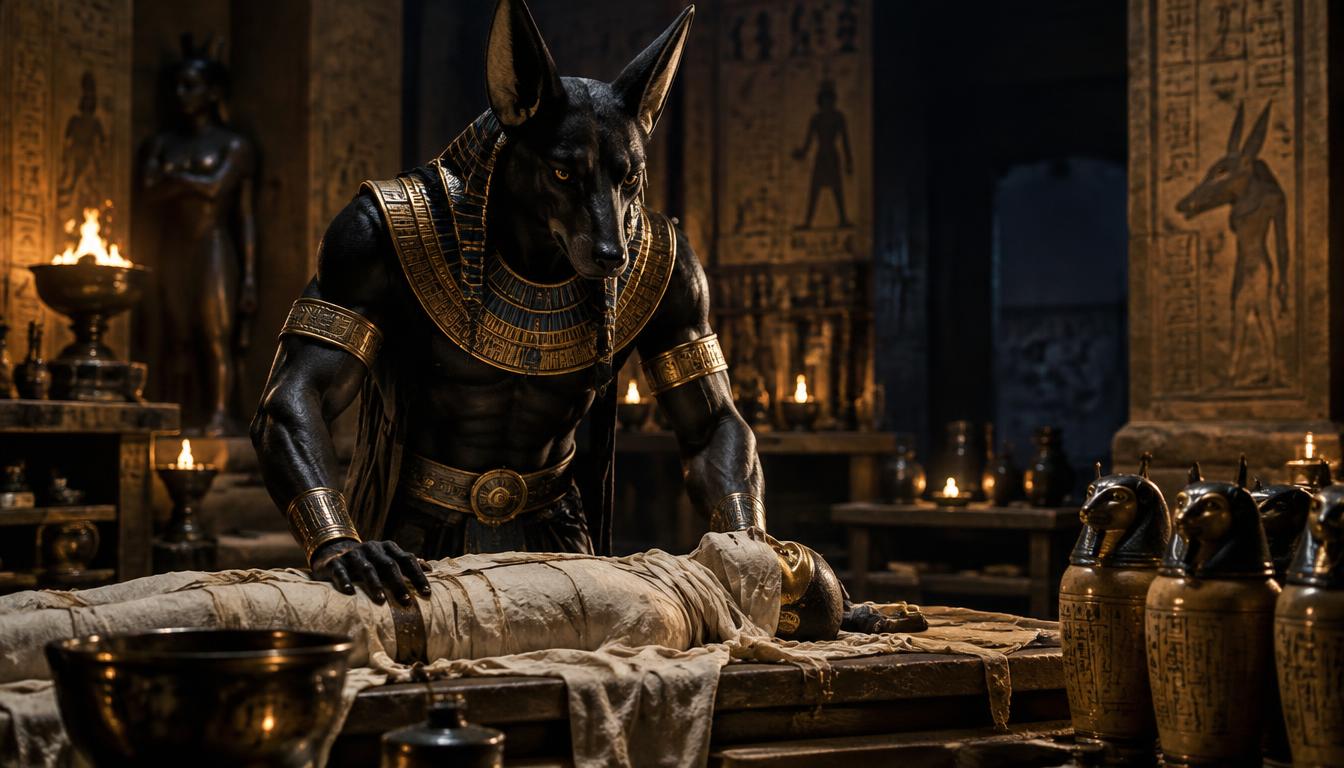 Anubis à tête de canidé noir penché sur une table d'embaumement, vases canopes autour.