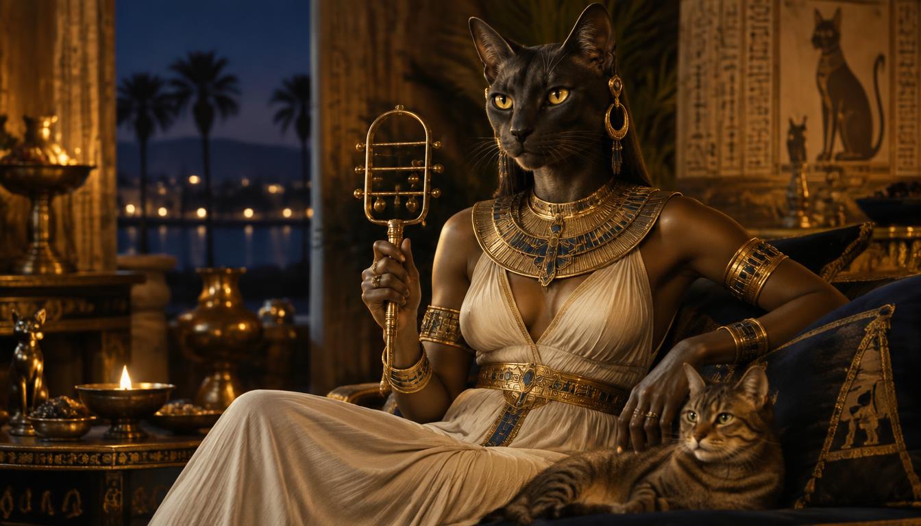 Bastet à tête de chatte, sistre en main, dans une maison égyptienne la nuit.