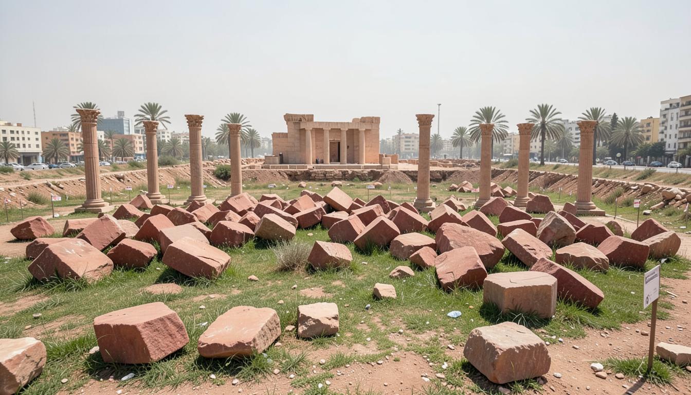 Tell Basta aujourd'hui : champ de blocs de granit rose renversés et colonnes brisées en bordure de ville.