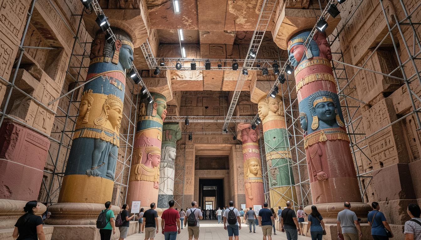 Dendérah aujourd'hui : couleurs révélées après nettoyage des suies, éclairages et échafaudages, visiteurs.