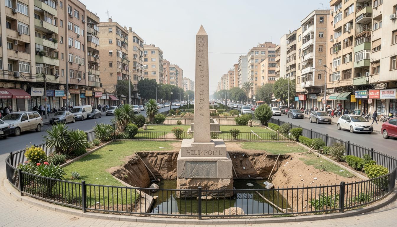 Héliopolis aujourd'hui : obélisque isolé dans un jardin clôturé, immeubles et circulation du Caire autour.