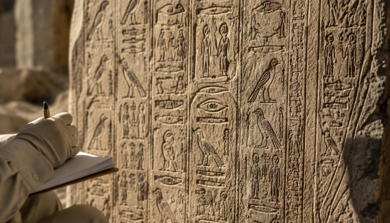Inscription hiéroglyphique gravée dans la pierre, éclairée en lumière rasante, main gantée et carnet de relevé.