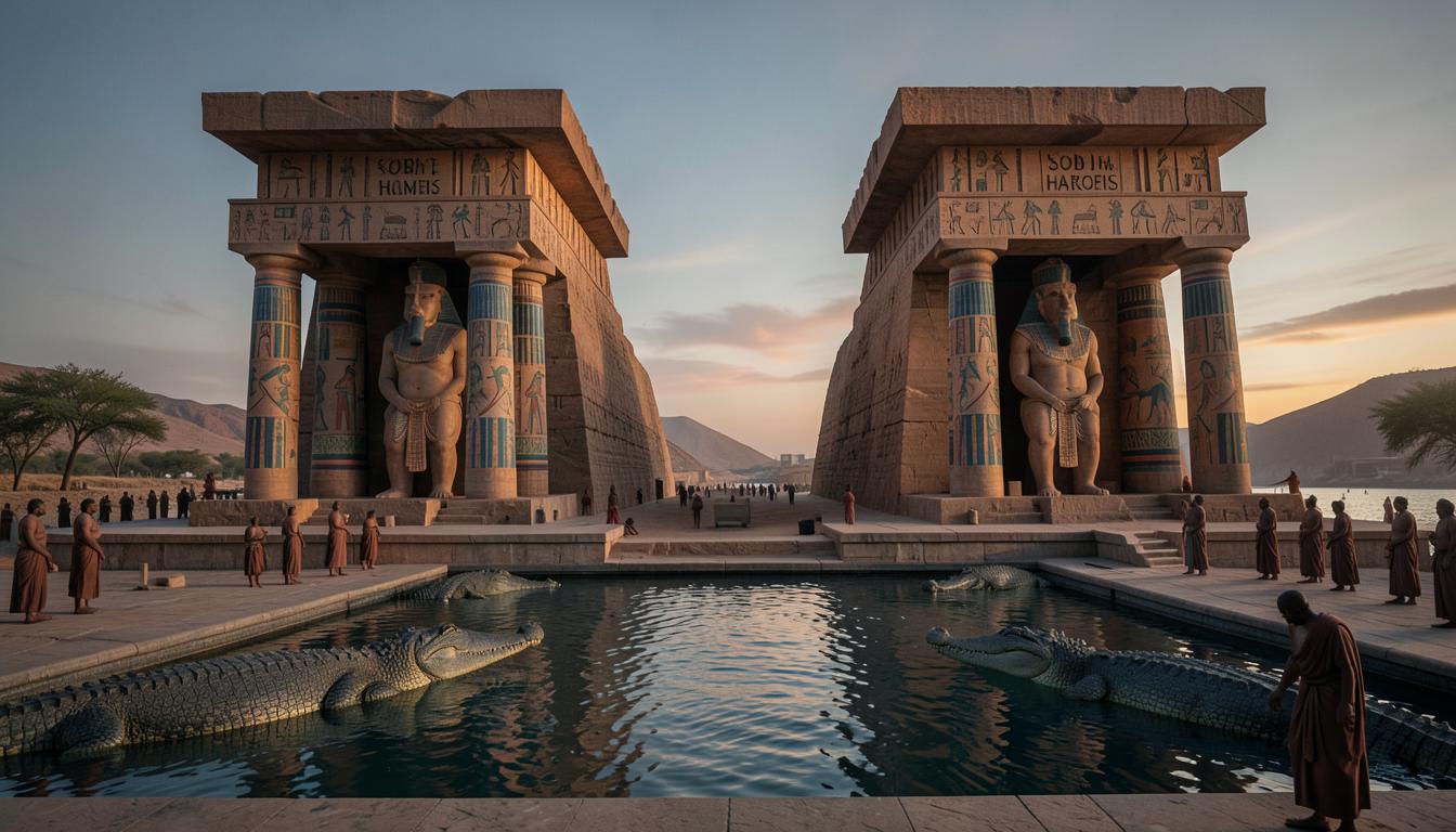 Kôm Ombo : double temple symétrique peint, bassin aux crocodiles, prêtres au crépuscule.