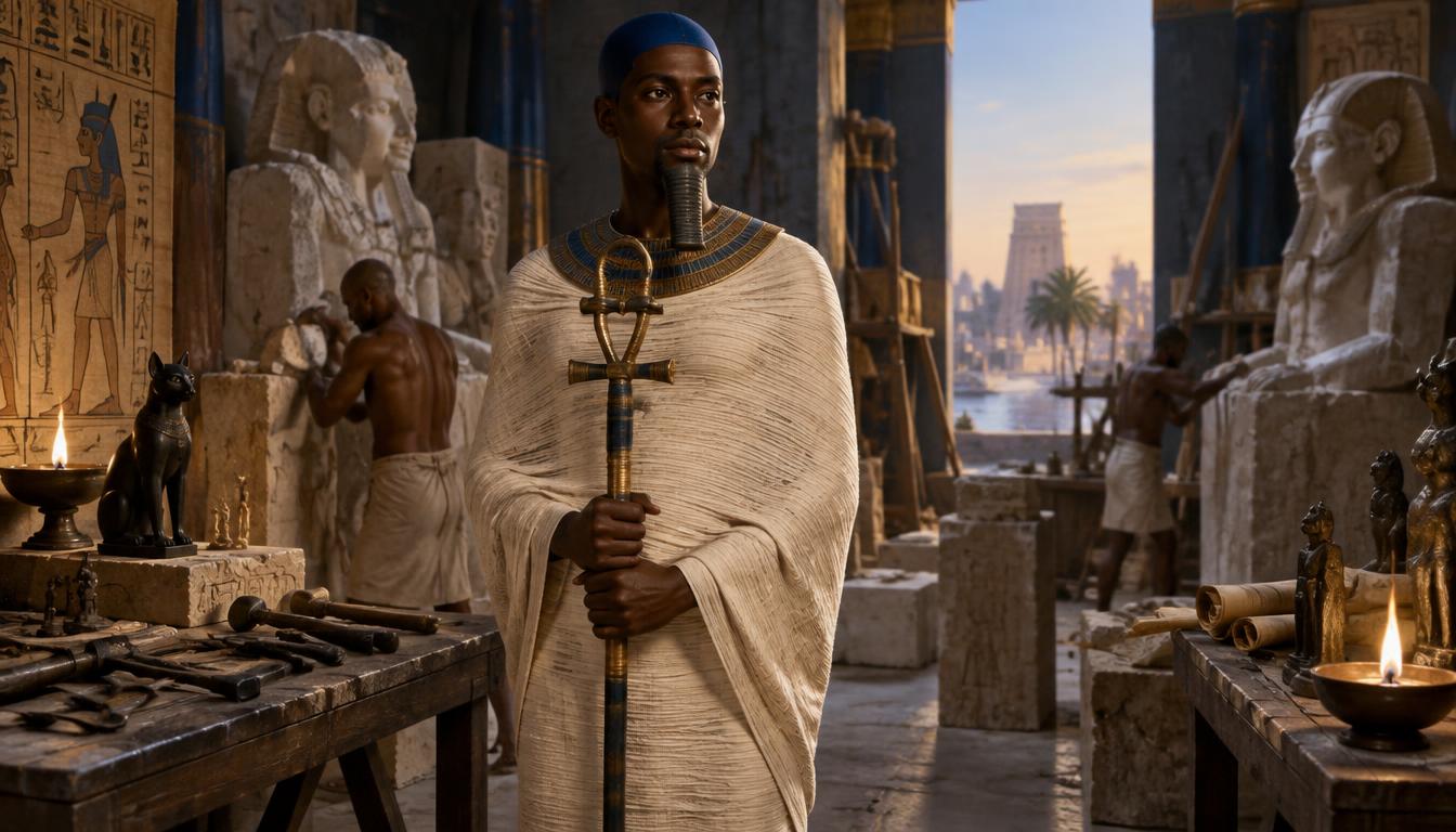 Ptah à la calotte bleue, sceptre composite, dans un atelier de sculpteurs.