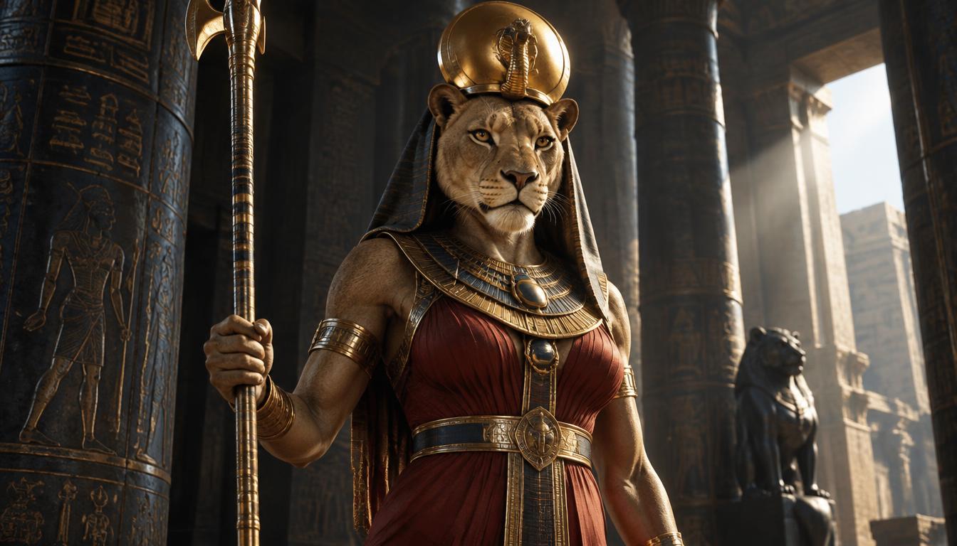 Sekhmet à tête de lionne, disque solaire et uræus, dans une salle de granit.