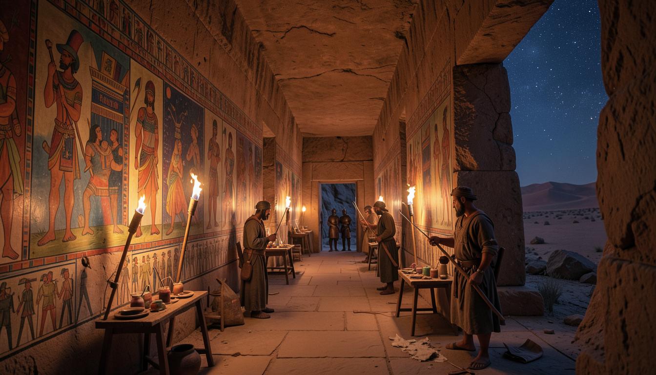 Couloir de tombe royale éclairé aux torches, artisans peignant les parois.